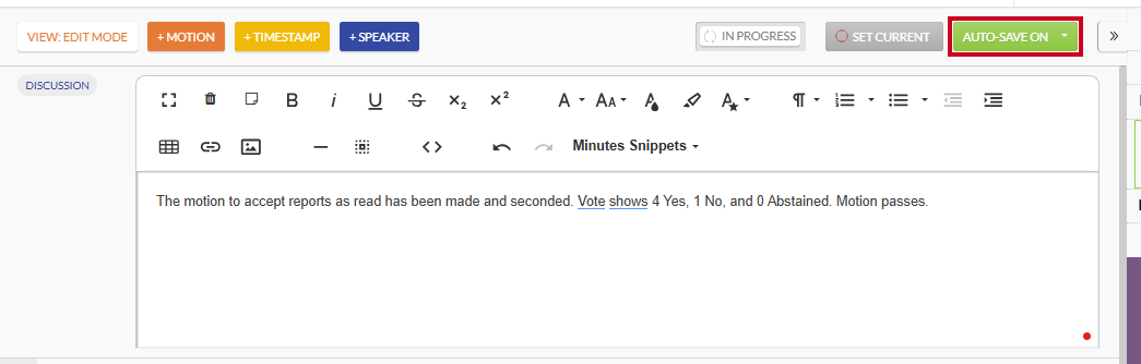 The green, rectangular Auto-Save On button above and to the right of the Discussion field.