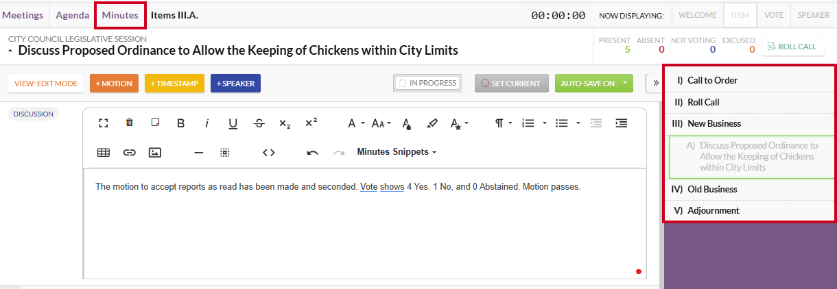 The Minutes Tab which appears above the active meeting name and the Order of Business sidebar which appears below the Roll Call tracker.