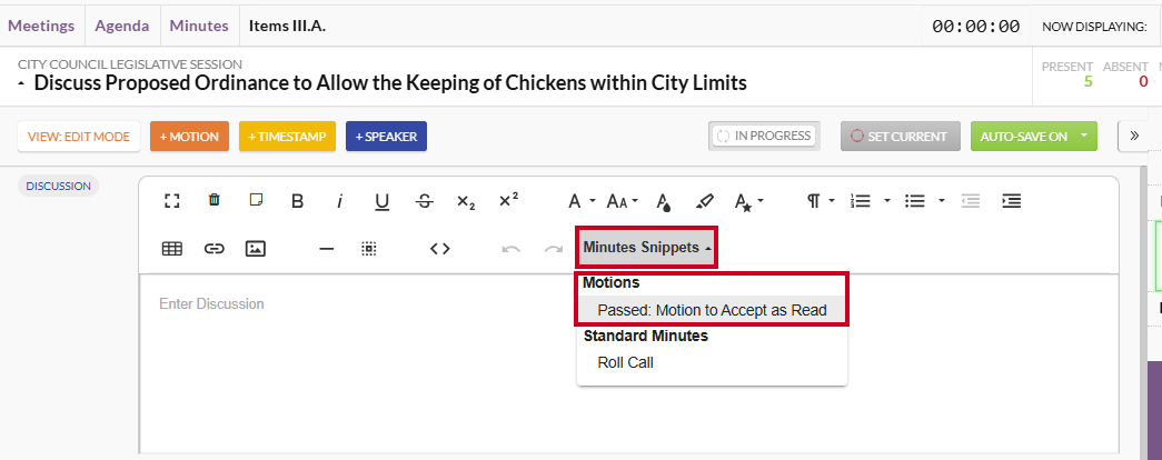 The Minutes Snippets dropdown with an example motion snippet highlighted.