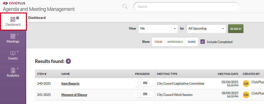 The Meetings Module option on the left-hand navigation menu.