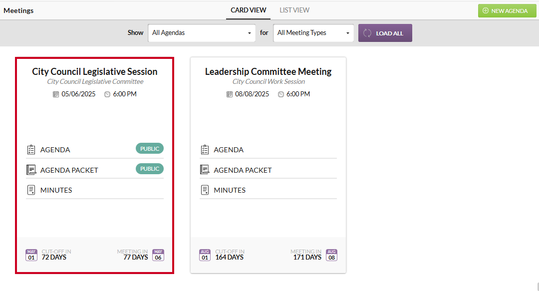 An example agenda tile in the Meetings module.
