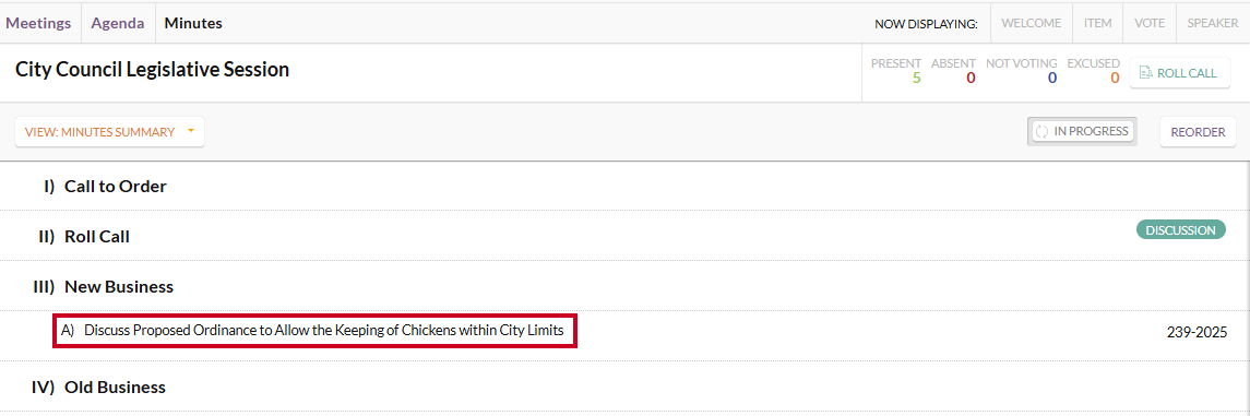 An example item in an example meeting's order of business.