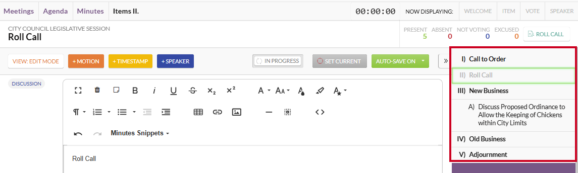 The Order of Business sidebar which appears below the Roll Call tracker.