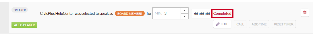 The Completed status to the right of an example speaker timer.