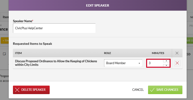 The Edit Speaker modal Minutes field.
