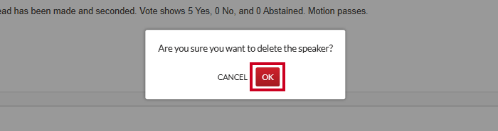The red, square OK button on the popup that appears to confirm the speaker deletion.