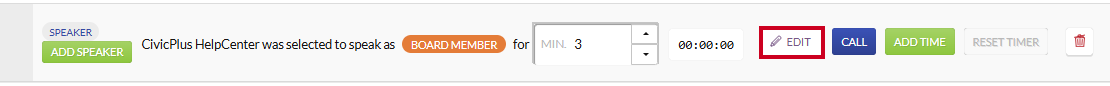 The white, rectangular Edit button to the right of a speaker name in the Minutes Summary page's Edit Mode.