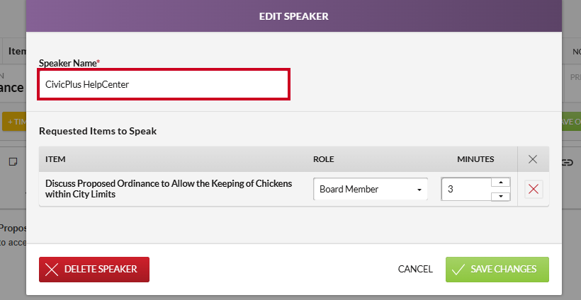 The Edit Speaker modal Name field.