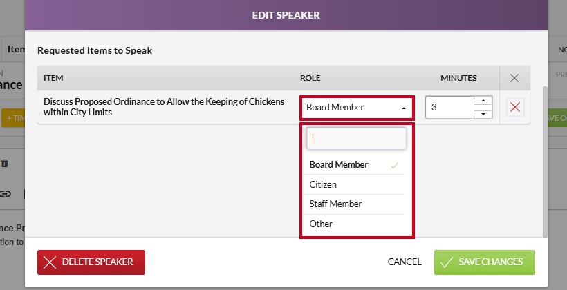 The Edit Speaker modal Role dropdown and options.