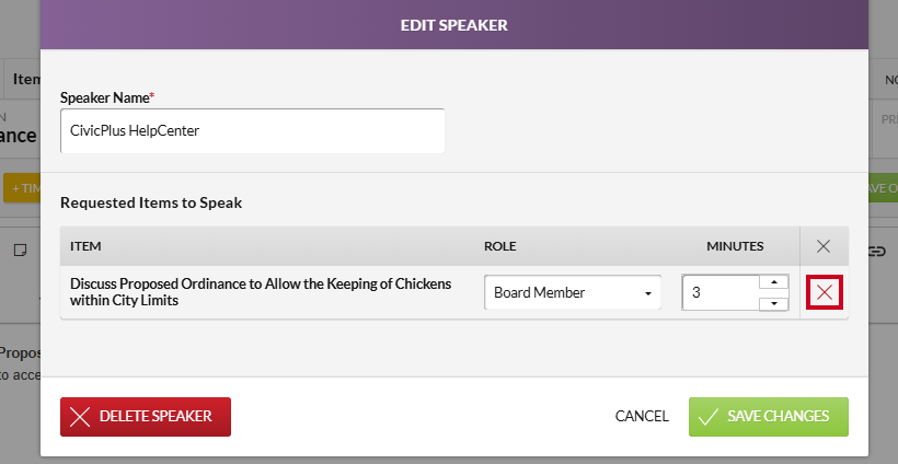 The Edit Speaker modal Delete Item button.