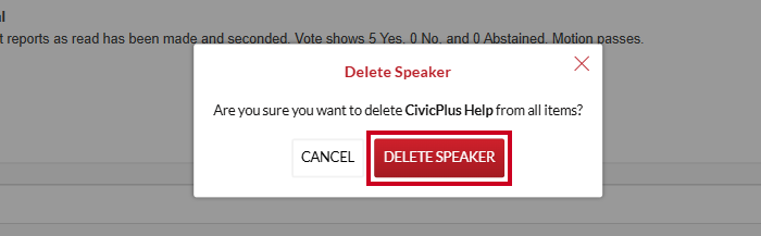 The red, rectangular Delete Speaker button on the delete speaker confirmation popup.
