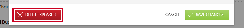 The red, rectangular Delete Speaker button in the lower-left corner of the Edit Speaker modal.