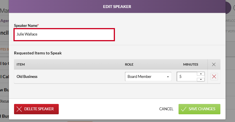 The Edit Speaker modal Name field.