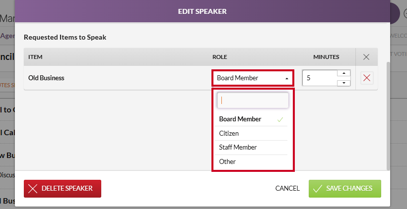 The Edit Speaker modal Role dropdown and options.