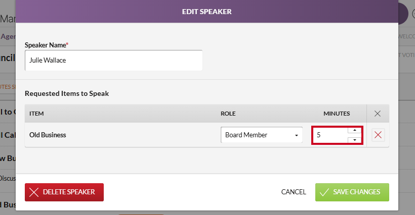 The Edit Speaker modal Minutes field.