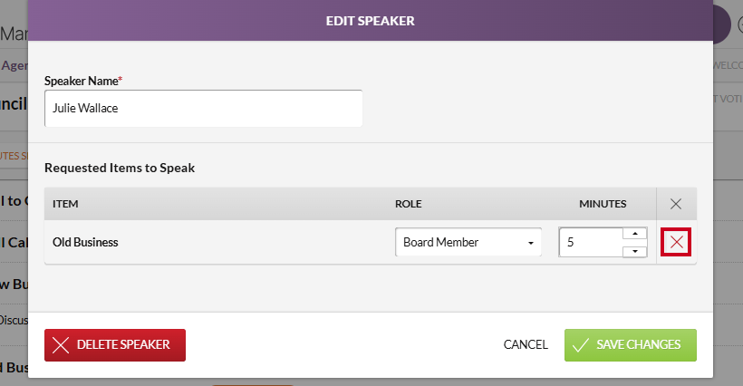 The Edit Speaker modal Delete Item button.