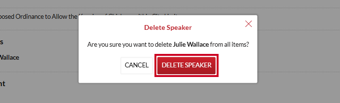 The red, rectangular Delete Speaker button on the delete speaker confirmation popup.