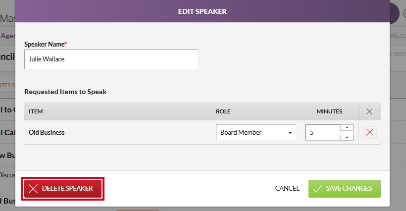 The red, rectangular Delete Speaker button in the lower-left corner of the Edit Speaker modal.