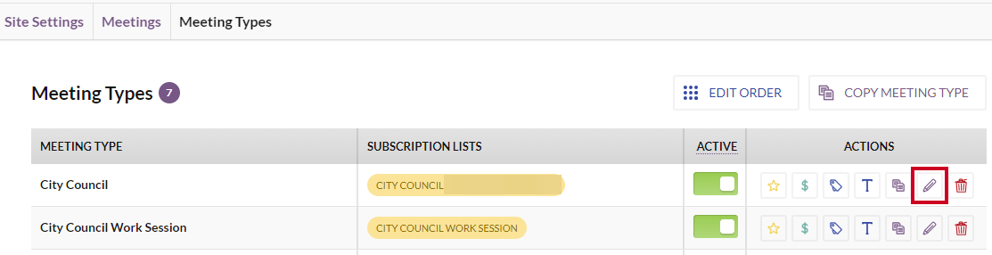 The Edit button to the right of an example Meeting Type.