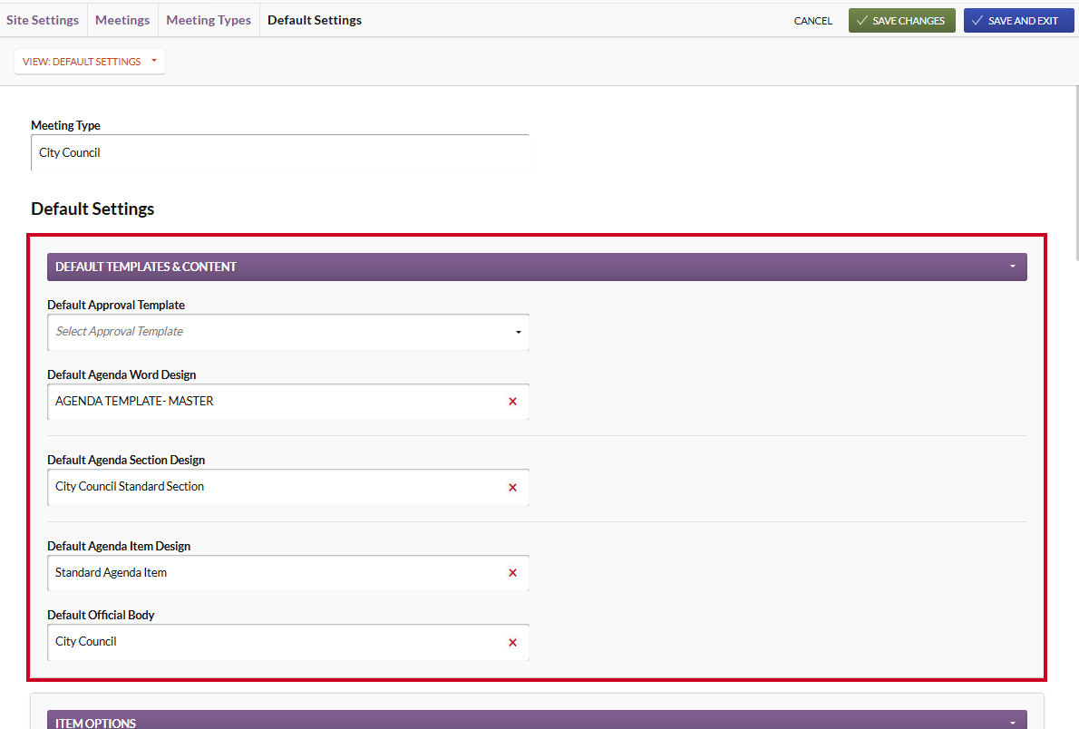 The Default Templates and Content section on the Default Settings page.