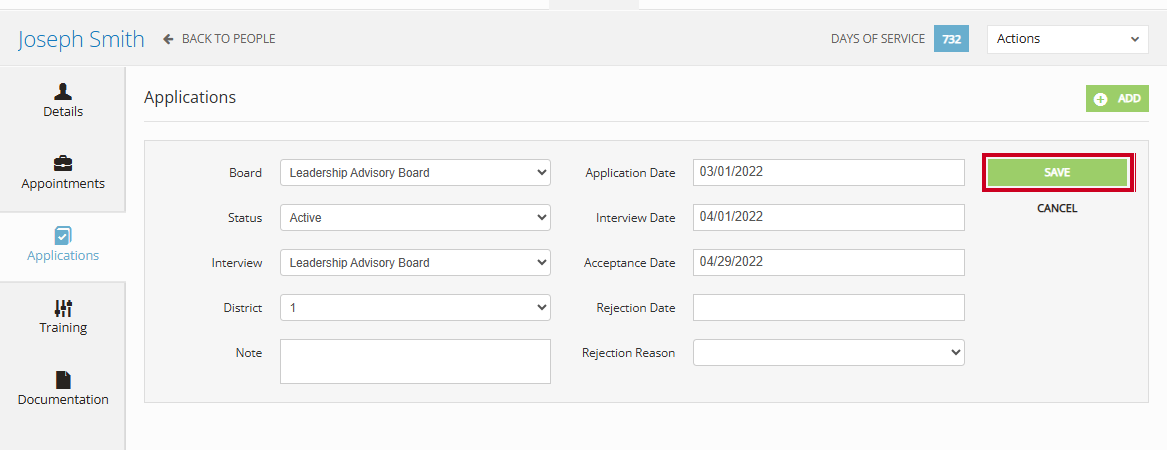 The green, rectangular Save button to the right of the Applications information fields.