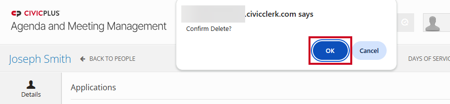 The blue, rectangular OK button on the Google Chrome Confirm Delete popup.