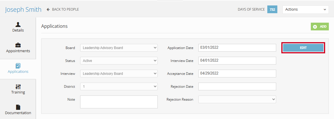 The blue, rectangular Edit button to the right of the Applications information fields.
