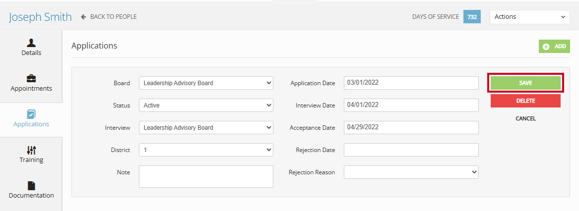 The green, rectangular Save button to the right of the Applications information fields.