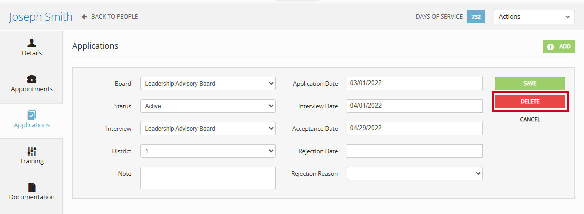 The red, rectangular Delete button to the right of the Applications information fields.