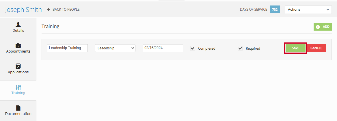 The green, rectangular Save button to the right of the Training information fields.