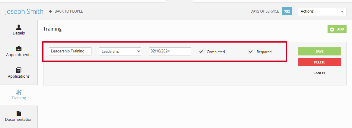 The Training page information fields.