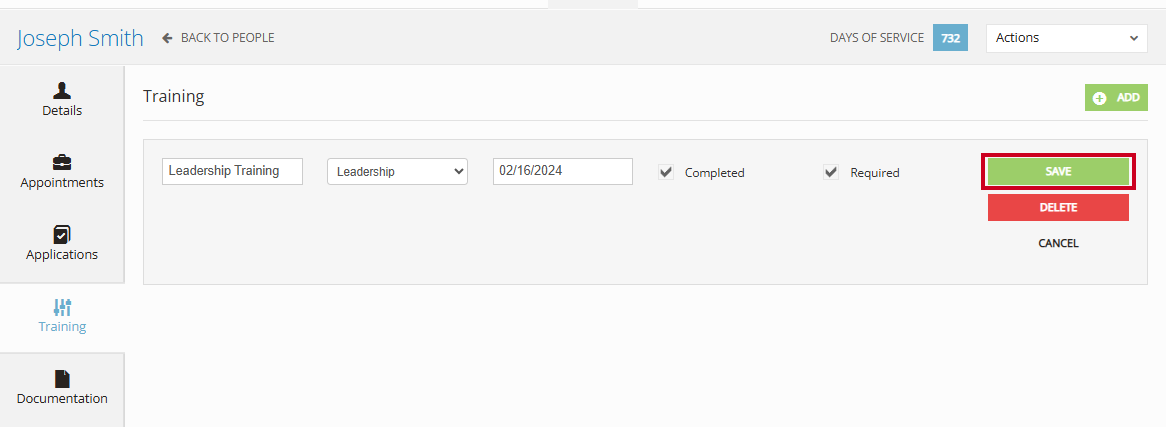 The green, rectangular Save button to the right of the Training information fields.