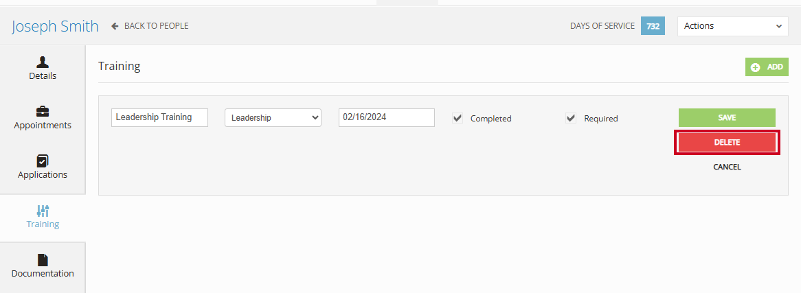 The red, rectangular Delete button to the right of the Training information fields.