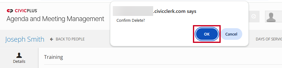 The blue, rectangular OK button on the Google Chrome Confirm Delete popup.