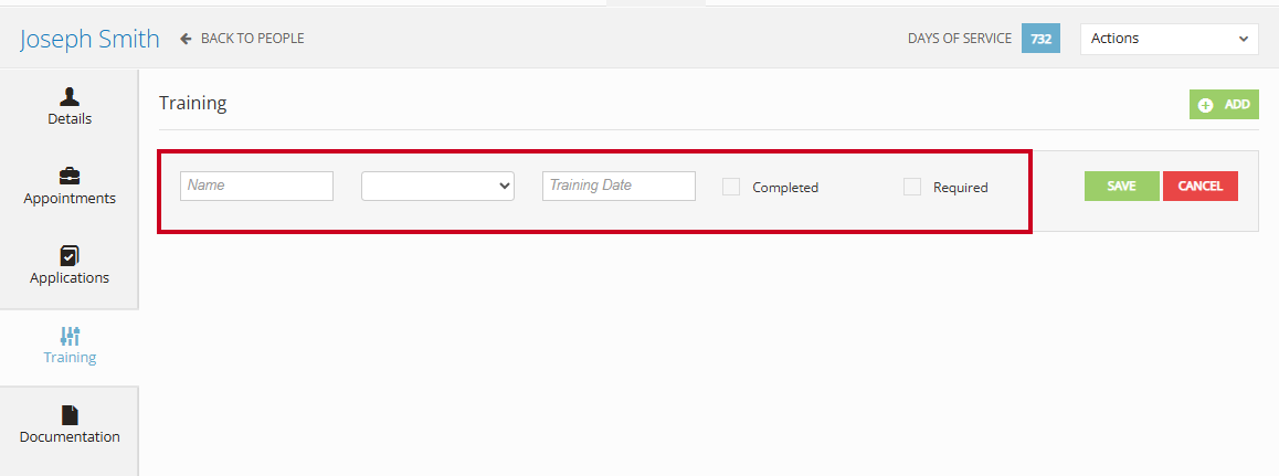 The Training page information fields.