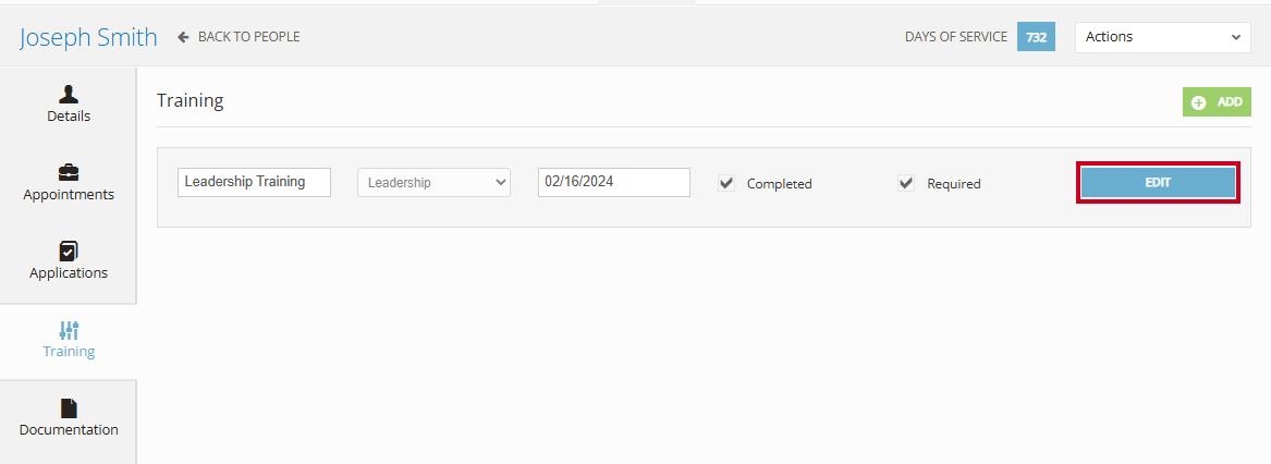 The blue, rectangular Edit button to the right of the Training information fields.