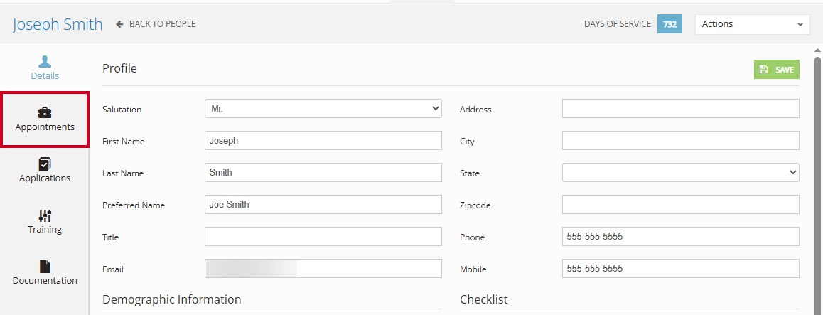 The Appointment tab in the left navigation menu.