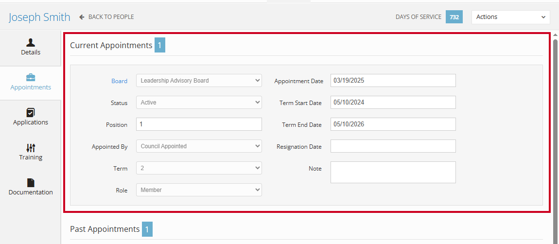 The Current Appointments section.