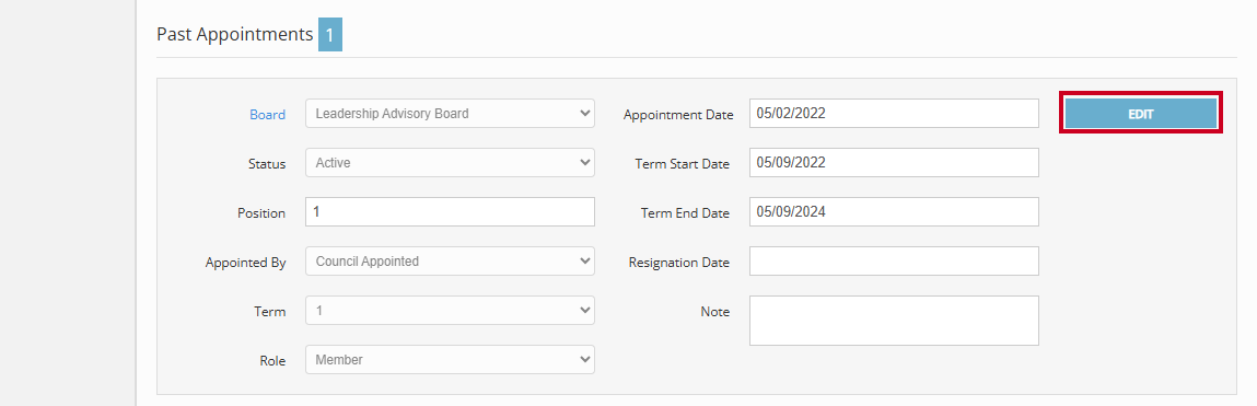The blue, rectangular Edit button next to an example past appointment.