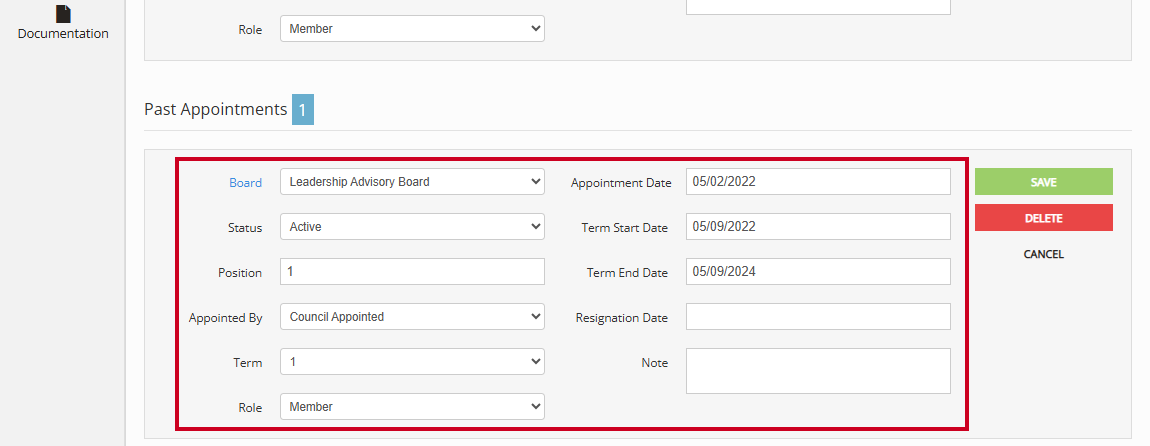 The Past Appointments information fields.