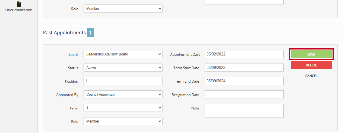 The green, rectangular Save button to the right of an example past appointment.