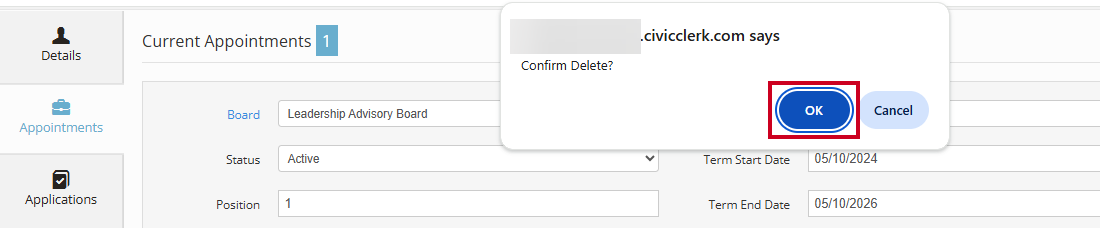 The blue, rectangular OK button on the Google Chrome Confirm Delete popup.