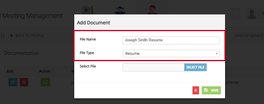 The File Name and File Type fields on the Add Document modal.