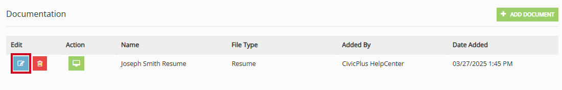 The blue, square Edit button for an example document.