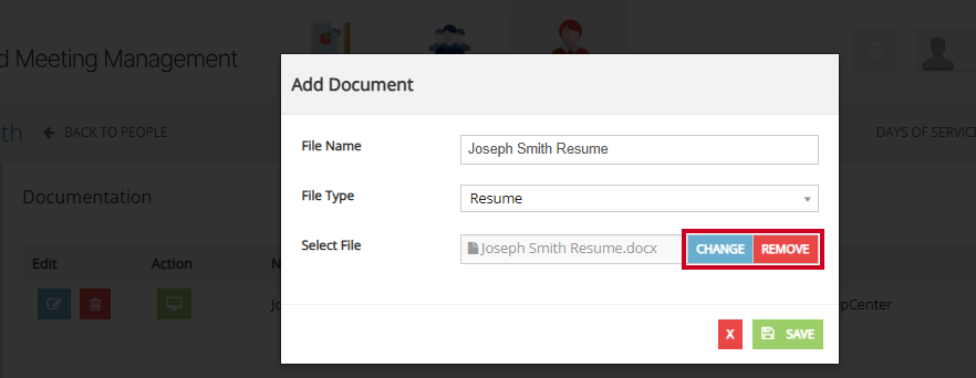 The blue, rectangular Change button and the red, rectangular Remove button to the right of the Select File field with an example file attached.
