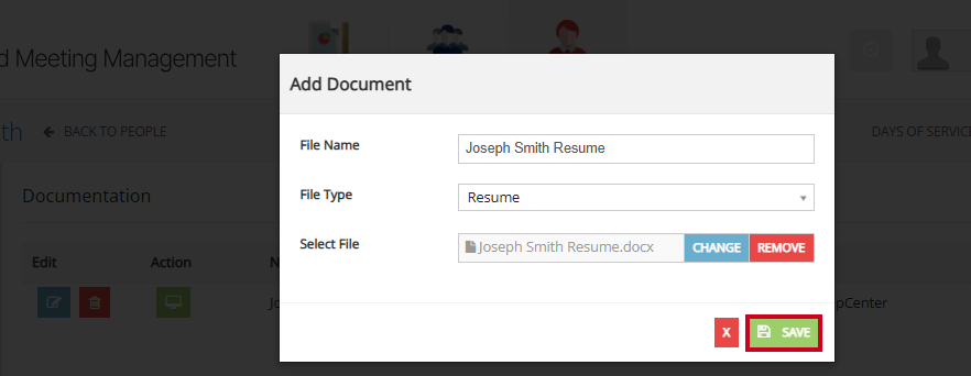 The green, rectangular Save button in the lower-right corner of the Add Document modal.