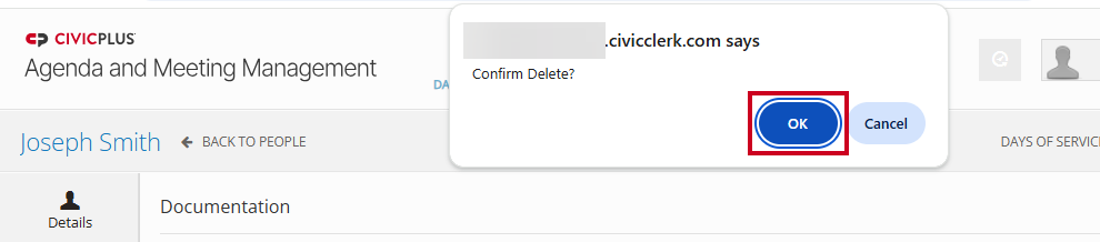 The blue, rectangular OK button on the Google Chrome Confirm Delete popup.