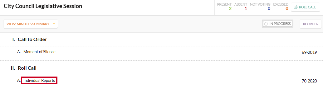 An example item on the Minutes Summary page.