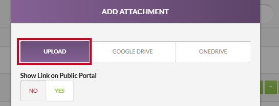The Add Attachment modal with the purple, rectangular Upload tab highlighted.