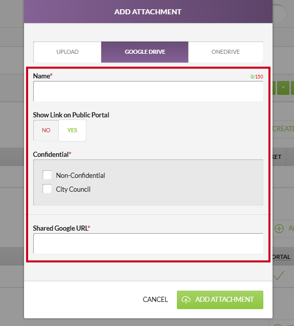 The Google Drive information fields on the Add Attachment modal.